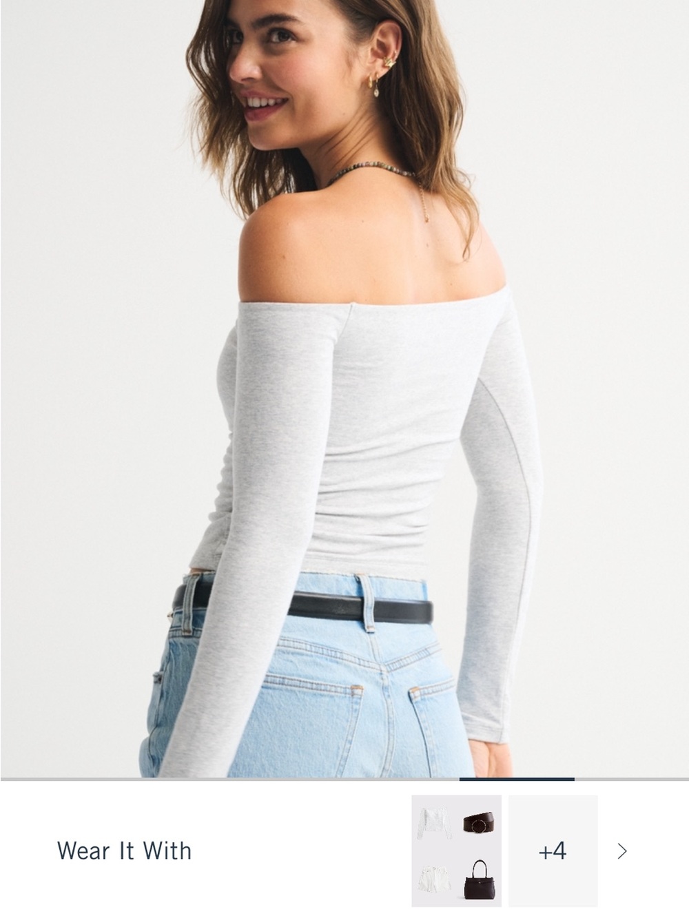 Light Gray Women's Long-Sleeve boatneck off the shoulder top - Picture 2 of 3